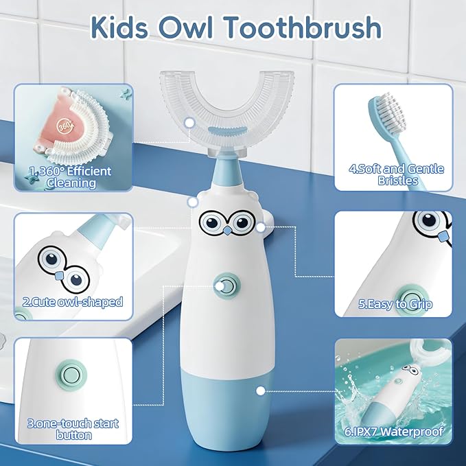 Kids Electric Toothbrush，360-Degree Sonic Vibration, IPX7 Waterproof,Toddler U Shaped Toothbrush with 2 Soft Brush Head,Cute Owl Design Baby Toothbrush for Ages 2–7（Blue）
