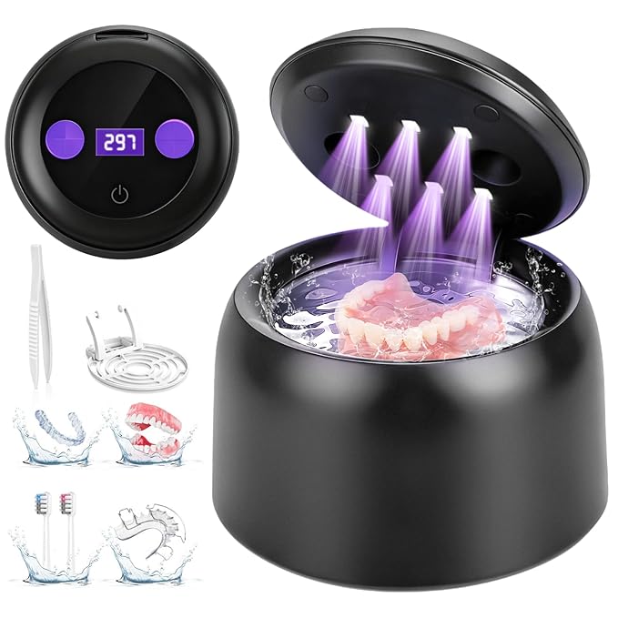 Ultrasonic Retainer Cleaner Machine, 45kHz Dental Ultrasonic Cleaner for Denture, Mouth Guard, Aligner, Braces, Toothbrush Heads, Jewelry, 5 Modes Cleaning, Digital Timer & 200ML Capacity
