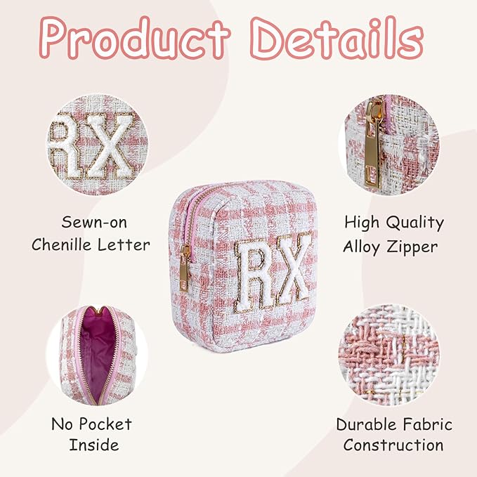 Small Medicine Bag for Travel, Personalized RX Chenille Letters Checkered Pouch for Women and Girls, Cute Meds Drug Makeup Bags with Zipper (01Beige Checkered)
