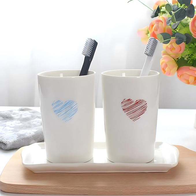 Kelake White Ceramic Tumbler Cup for Bathroom Toothpaste Toothbrush Holders Water Milk Drinks Cup 350 ml Bathroom Red Heart Couples Cup for Christmas Birthday