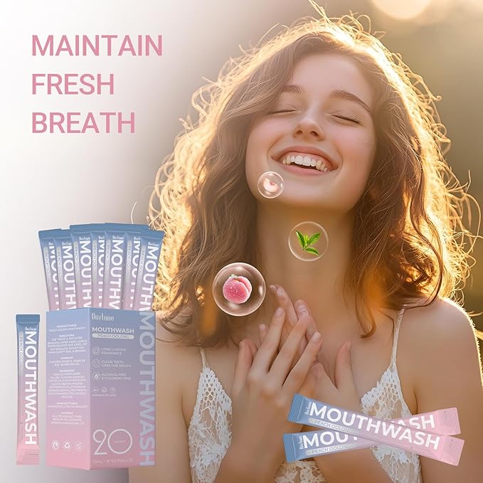 Protable Mouthwash Packets for Travel, Peach Oolong-Tea Flavor, Alcohol-Free, Non-Burning, 15ml/pcs 20 Single Use, TSA Approved for On-The-Go Fresh Breath, Perfect for Work, Gym& Date