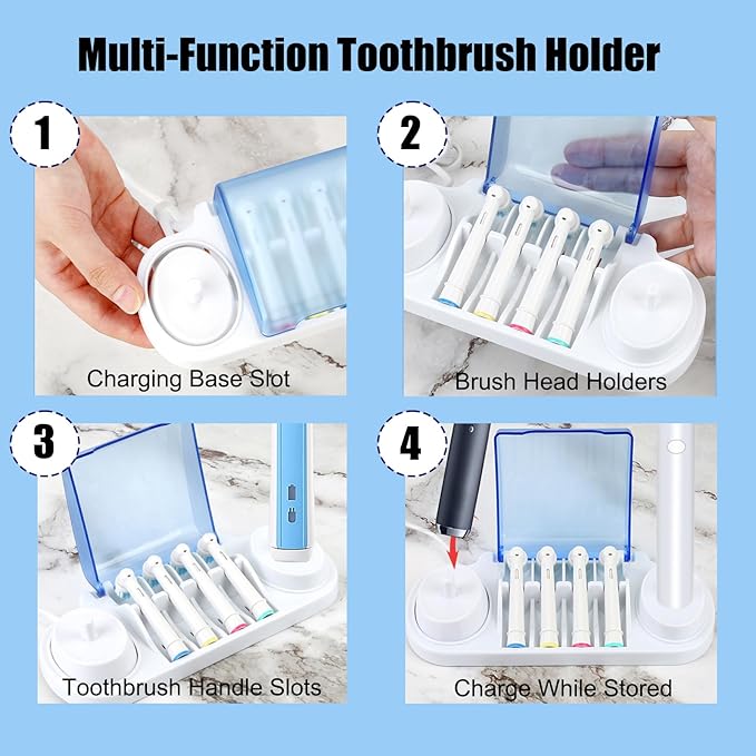 Electric Toothbrush Holder Compatible with Braun Oral-B Pro 1000 5000 8000 Vitality Stages – Charger Base Stand with Brush Head Cover – All-in-1 Storage Solution