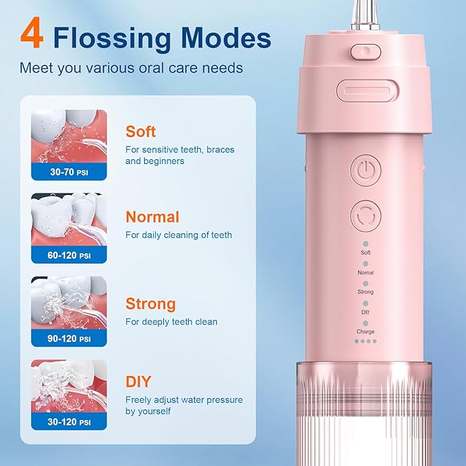 Portable Water Flosser for Teeth with Exquisite Travel Case, Cordless Rechargeable Mini Oral Irrigator with Removable Tank, IPX7 Waterproof, 4 Modes & 4 Jet Tips for Tooth Cleaning (Pink)