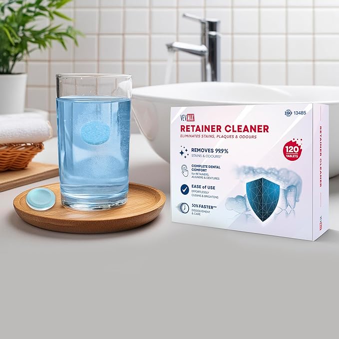 Retainer Cleaner Tablets - 120 Tablets (4 Months Supply) - Denture Cleaning, Removes Stains & Odours, Freshens Aligners, Mouthguards, Nightguards - Perfect for Ultrasonic Retainer Cleaner