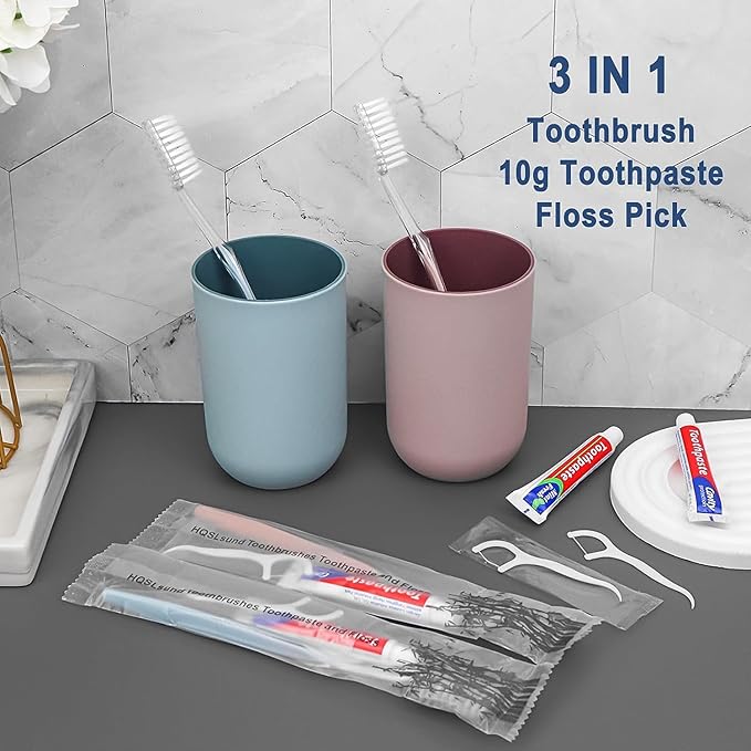 100pcs Disposable Toothbrushes with Toothpaste Floss Individually Wrapped, 2 Color Disposable Toothbrush, 10g Toothpaste, Floss Pick, Bulk Toothbrush Kit for Homeless,Airbnb,Hotel