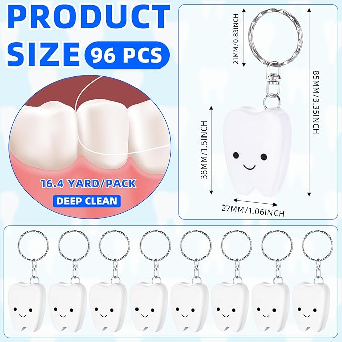 Landical 96 Pcs Mini Dental Floss Keychain Bulk Tooth Shaped Portable Teeth Floss Cleaning for Homeless Party Favors Travel Donated Gifts Teeth Cleaning Oral Care Mint Flavor 15 M /16. 4 Yard