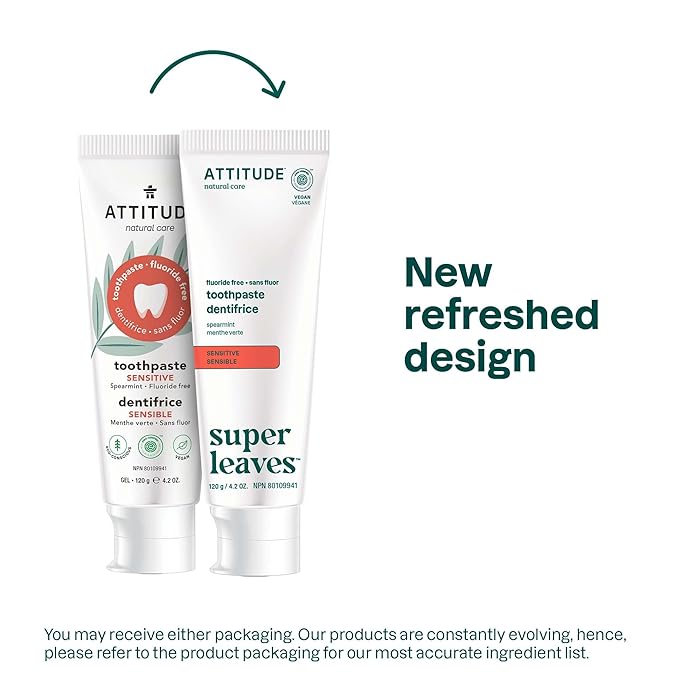 ATTITUDE Fluoride-Free Sensitive Toothpaste, Spearmint Flavor, Vegan & Cruelty-Free, Sugar-Free, Plant & Mineral-Based Ingredients, Clean Oral Care, 4.2 Oz
