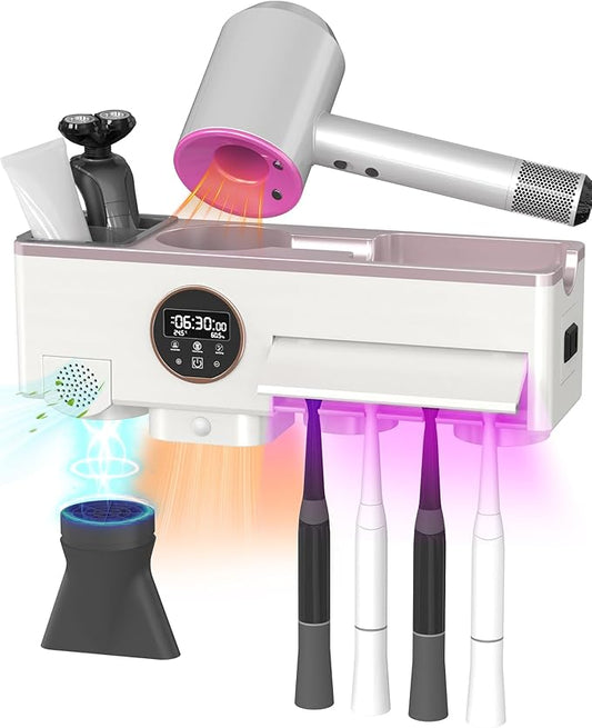 Toothbrush Cleaner and Holder for Bathrooms Wall Mounted with Fan Drying&30min Timing Function Cruise Air Drying,Electric Toothbrush Holder with 4Toothbrush Slots,Toothpaste Dispenser with Led Smart