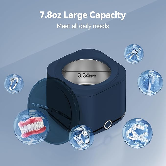 Retainer Cleaner, 48kHz Ultrasonic Retainer Cleaner Machine for Denture, Mouthguard, Braces, Night Guard, Aligner, Toothbrush, Jewelry with 7.8OZ Dental Cleaning Pod-Blue