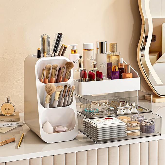 Makeup Organizer with Drawers,Large Capacity Countertop Organizer for Vanity,Bathroom and Bedroom Desk Cosmetics Organizer,Easy To Storage Skincare,Brushes,Lotions,Lipstick (White)