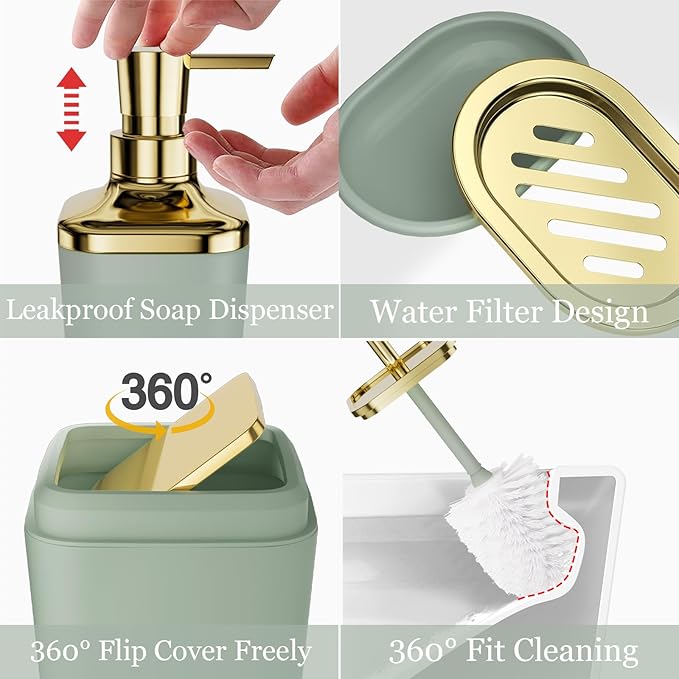 Bathroom Set - Sage Green Bathroom Accessories Set, Bathroom Sets with Shower Curtain and Rugs, Sage Green Shower Curtain Set with Bathroom Trash Can, Soap Dispenser, Soap Dish for Home Decor