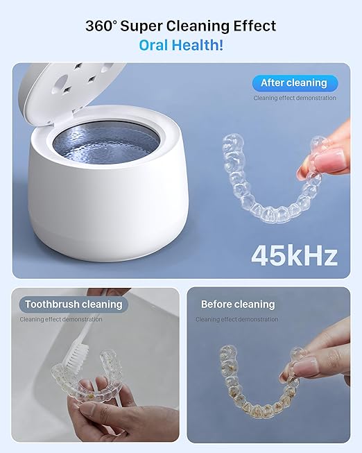 Ultrasonic Retainer Cleaner Machine: Dental Cleaning Pod for Dentures, Mouth Guards, Aligners, Night Guards, Braces, Toothbrush Heads & Jewelry, 45kHz Retainer Cleaner with 4 Modes & 200ML Capacity