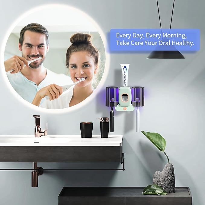 Toothbrush Holders for Bathrooms, Wekity Automatic Toothpaste Dispenser Space Saving Toothbrush and Toothpaste Holder，Toothbrush Holder Wall Mounted with 2 Cups for Bathroom (Green)…