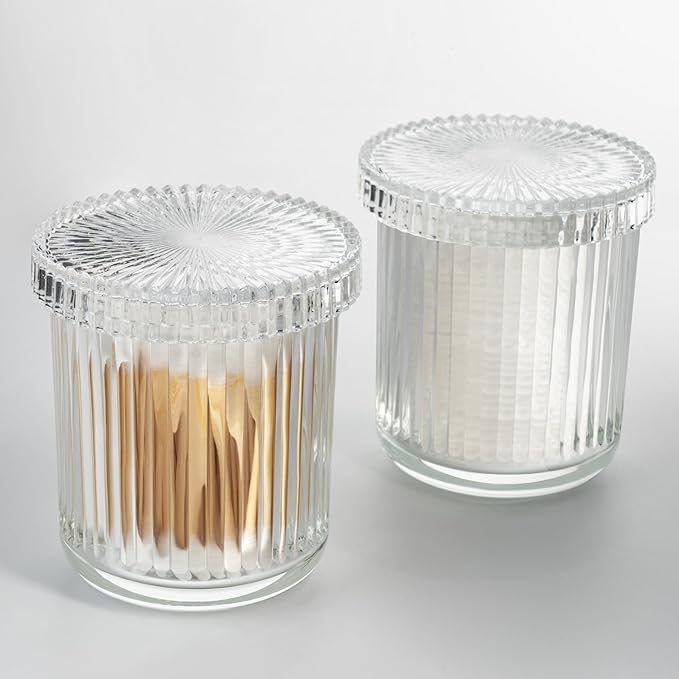 2 Pack Qtip Holder - Apothecary Jars with Lids, Bathroom Organizers and Storage Canister for Cotton Balls,Swabs,Floss Picks,Hair Ties,Clear Glass Vintage Bathroom Decor Jar Set (Clear)