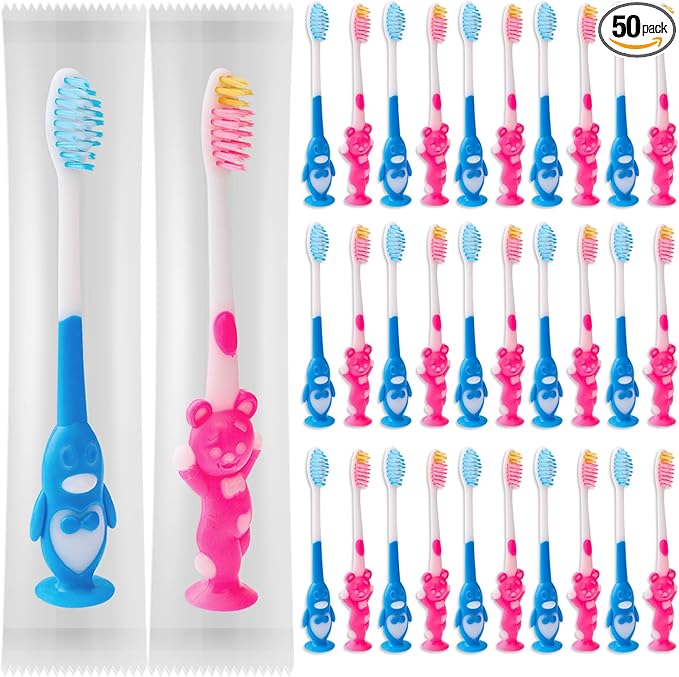 50pcs Toddler Toothbrush Set - Kids Manual Toothbrushes, Soft Bristles, Suction Cup, Age 2+