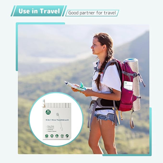 Travel Toothbrush Dental Floss Picks - 4 in 1 Biodegradable Disposable Toothbrushes with Tongue Scraper, Eco-Friendly Individually Wrapped Toothbrush for Adult Kids Travel Oral Care, 80 Pack