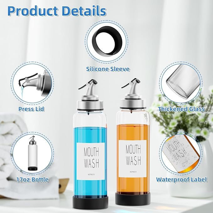 VITVITI Mouthwash Dispenser for Bathroom, Glass Mouth Wash Container with 2 Glass Cups, Press Lid 17OZ Clear Refillable Mouthwash Bottle Decanter with Silicone Pad/Labels, Set of 2