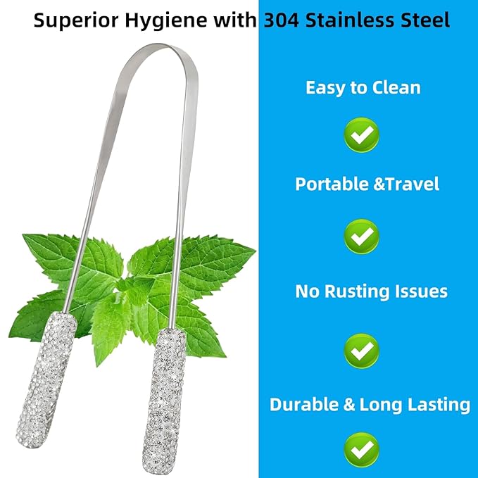 Tongue Scraper Bling Metal Tongue Cleaner for Adults & Kids Diamond Stainless Steel Tongue Scrubber for Oral Care & Hygiene(White)