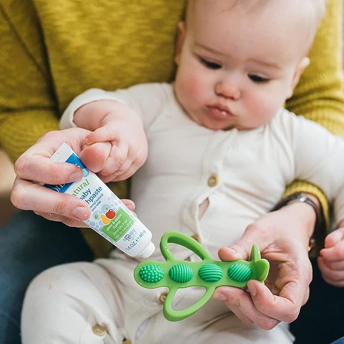 Dr. Brown's Peapod Teether and Training Toothbrush, Soft and Safe for Baby Gums and Baby Toothpaste, Strawberry Flavor Toddlers and Kids Love, Fluoride Free, Made in The USA, 0-3 Years, 1.4oz
