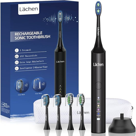 Lächen Electric Toothbrush for Adults – Sonic Rechargeable, 5 Modes & Smart Timer, Travel Case & Wireless Charging, 4 Brush Heads, IPX7 Waterproof (Black)