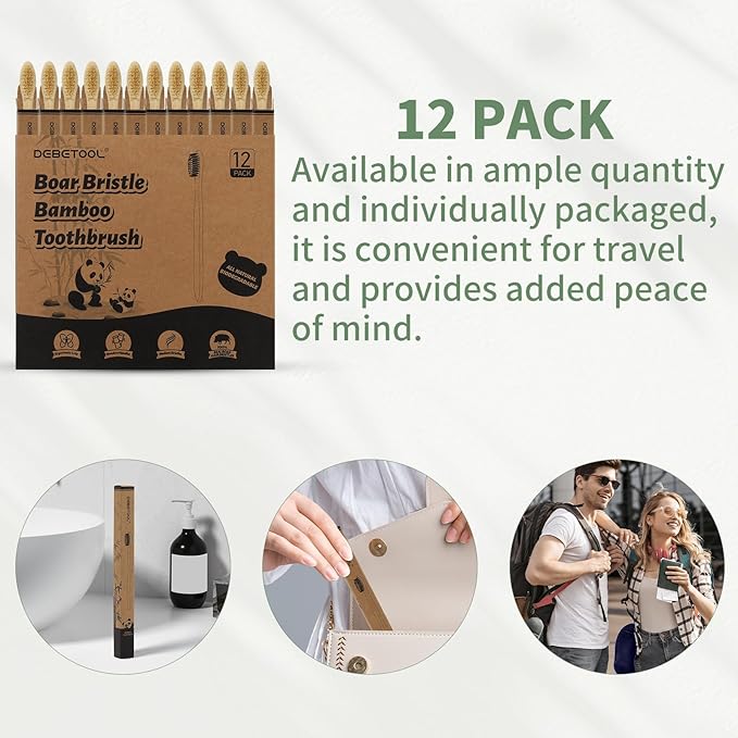 12 Pack Bamboo Toothbrushes - Natural Boar Bristle Toothbrush for Gum Health & Teeth Whitening, Wooden Organic Toothbrushes for Adults (Plastic Free)