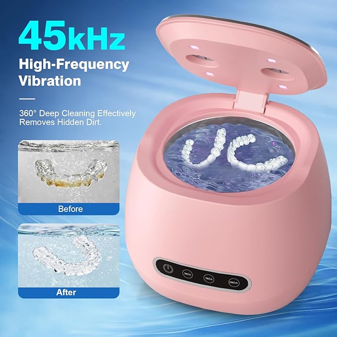Rechargeable Ultrasonic Retainer Cleaner Machine, 45kHz Portable Dental Cleaning Pod for Dentures, Night Guards, Braces, Aligner, Toothbrush, Jewelry, 3 Cleaning Modes, 200ML Capacity, Pink