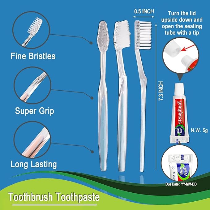 HQSLsund 30 Pack Disposable Toothbrushes with Toothpaste, Individually Wrapped Bulk Medium Soft Bristle Tooth Brush Manual Travel Toothbrush Kit Bulk, White, 0.5 kilograms