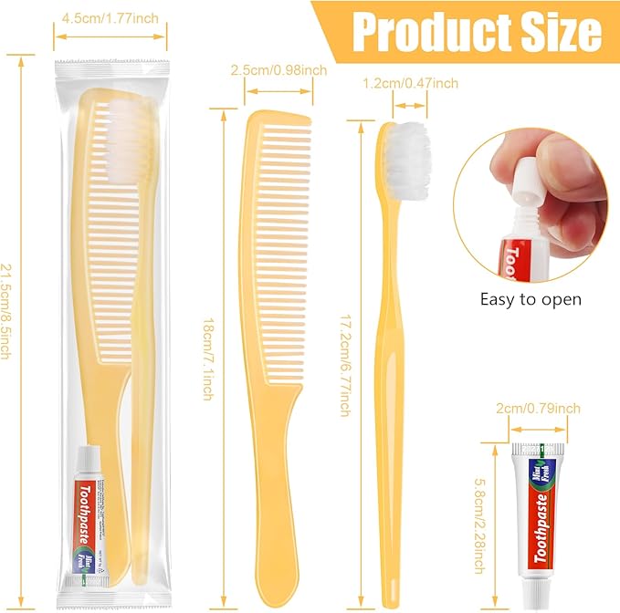 NICEMOVIC 500 Pack Disposable Toothbrushes Bulk with Toothpaste and Comb Travel Size Toothpaste Set Homeless Care Package Supplies for Bulk Individually Wrapped Disposable Travel Hotel Charity, Yellow