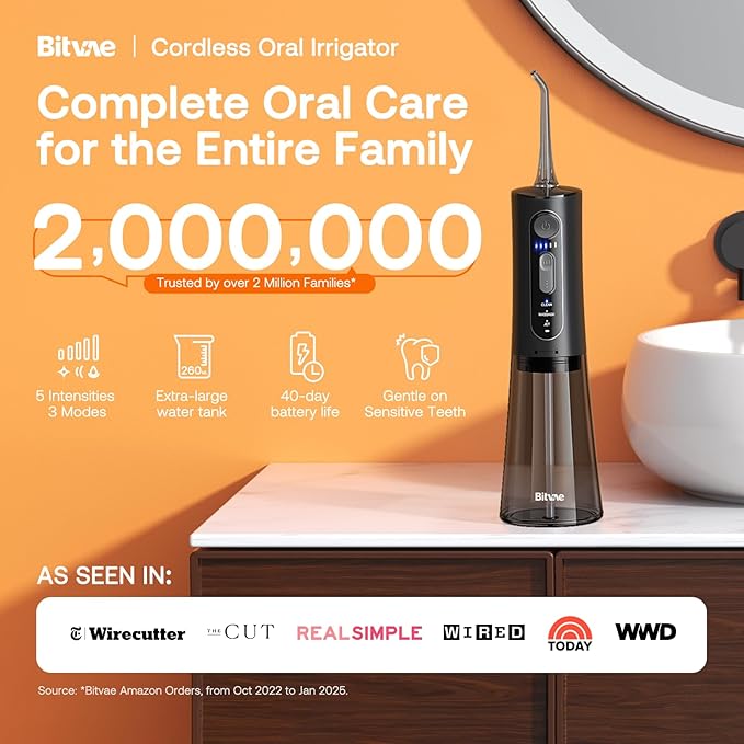Water Dental Flosser Teeth Pick: Bitvae 2 Pack Portable Cordless Oral Irrigator, 3 Modes 5 Intensities, Rechargeable Water Dental Picks for Cleaning with 12 Tips, Travel Irrigation Cleaner for Teeth