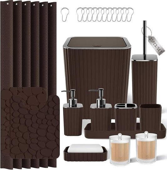 Bathroom Accessories Set - 25PC Bathroom Sets with Shower Curtain and Rugs, Brown Bathroom Accessories, Bathroom Accessory Set, Brown Shower Curtain Set, Trash Can & Soap Dispenser