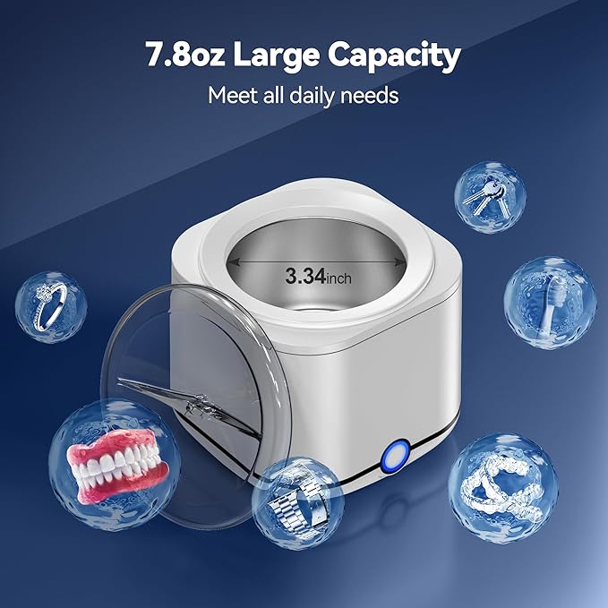 Ultrasonic Retainer Cleaner, 48kHz Retainer Cleaner Machine for Dentures, Mouthguard, Braces, Night Guard, Toothbrush, Jewelry with 7.8OZ Dental Cleaning Pod-Cool White