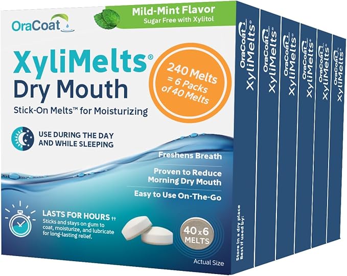 Oracoat XyliMelts for Dry Mouth Night Time or Day - Moisturizing Dry Mouth Adhering Discs, Sugar Free with Xylitol, 40 Count - 6 Pack, Mild Mint Flavor, 8-Hour Relief