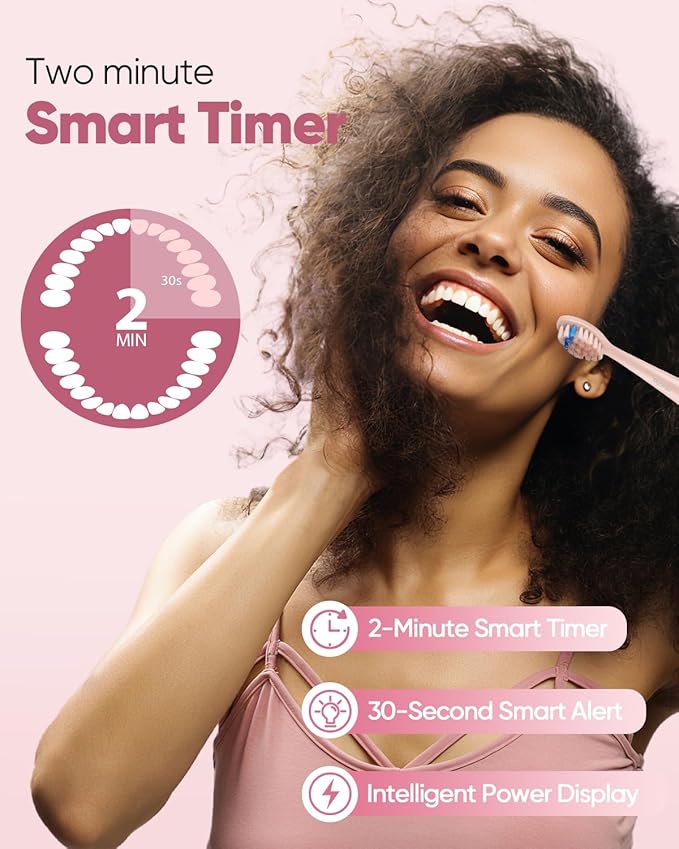 MySmile DY156 Electric Toothbrush for Adults, Rechargeable Sonic Battery Toothbrush Portable with 3 Brush Heads, 2 Mins 5 Modes Smart Timer, 45000VPM, One Charge for 60 Days - Pink