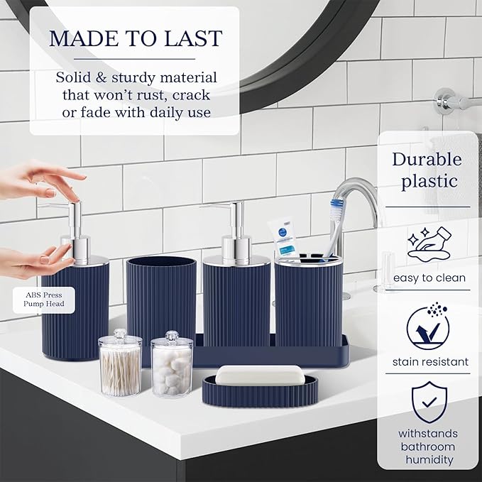 Navy Blue Bathroom Accessories Set - Bathroom Sets, 25PC Bath Accessory Set, Bathroom Sets with Push Top Trash Can, Shower Curtain and Rugs, Toilet Brush, Trash Can & Soap Dispenser