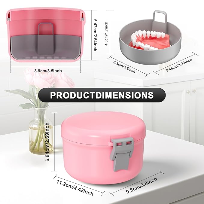 Denture Cleaning Case, Leak Proof Denture Cup for Travel, False Teeth Container for Soaking Dentures & Retainer, Retainer Cleaner Case, Pink + Silver Gray.