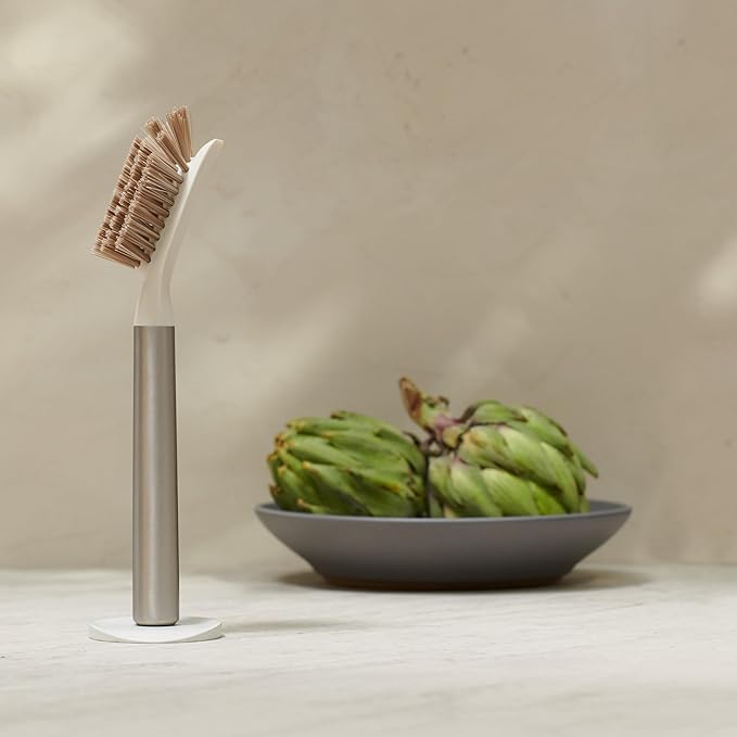 Ionic Dish Brush, Magnetized to Stand Upright, Stainless Steel with Replaceable Head, Silver