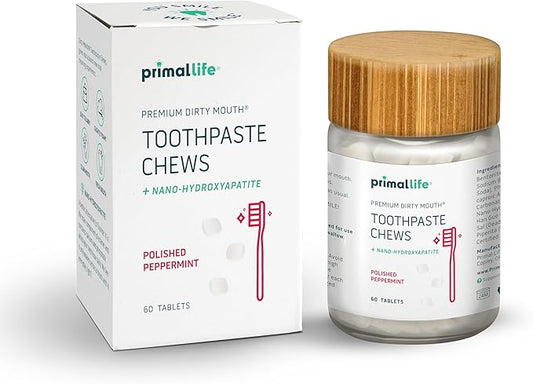 Primal Life Organics Premium Dirty Mouth Toothpaste Chews – Nano-Hydroxyapatite Whitening Toothpaste Tablets for Adults - Gluten Free, Vegan, Paleo - 60 Tablets in Jar - Polished Peppermint