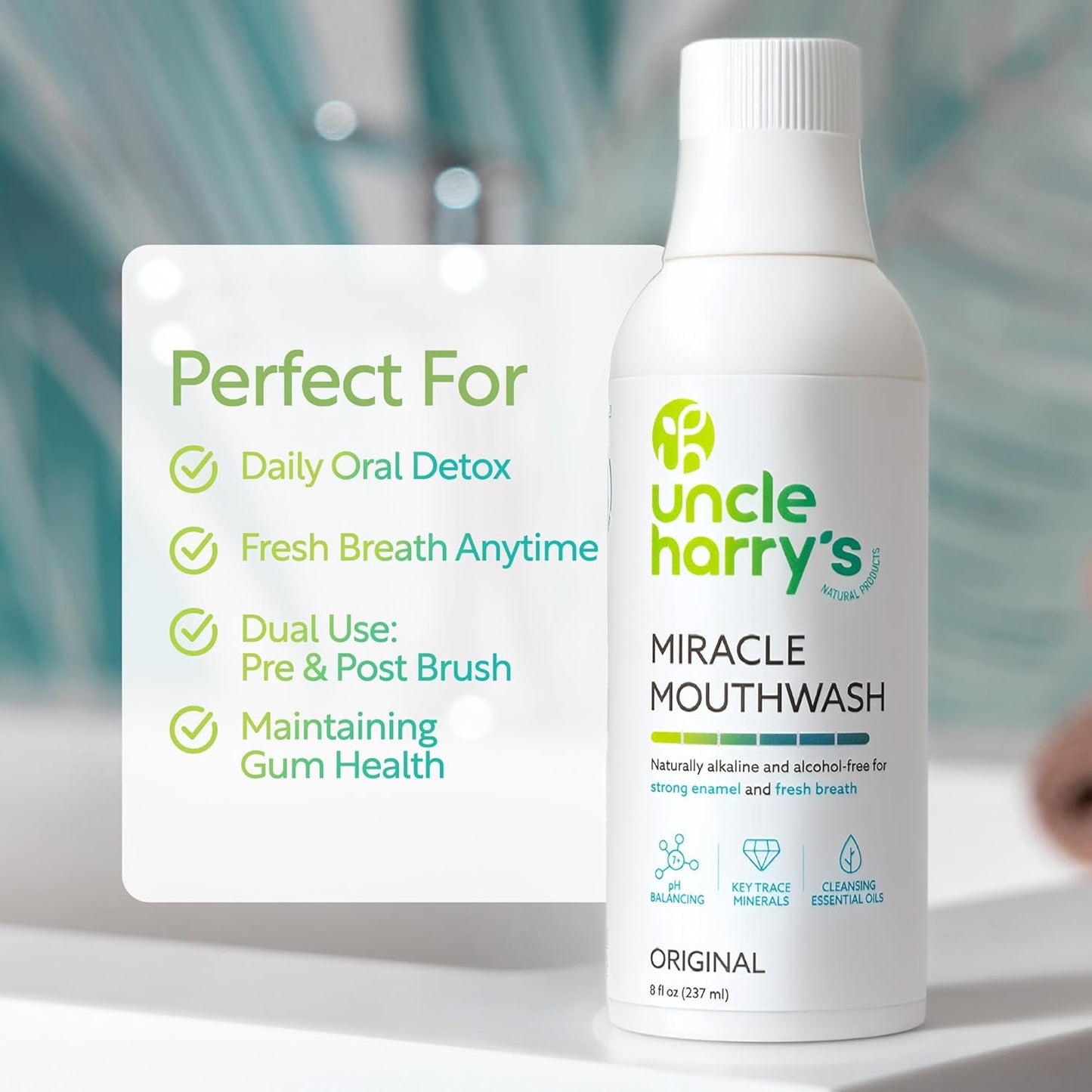 Uncle Harry's Natural Alkalizing Miracle Mouthwash | Adult & Kids Mouthwash for Bad Breath | pH Balanced Oral Care Mouth Wash & Mouth Rinse (8 fl oz)