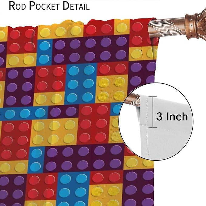 Building Block Colored Curtains, Children's Themed Curtains Collection Building Block Patchwork Cartoon Print Curtains, Light Trim 2 Panel Set Rod Pockets 42x45in