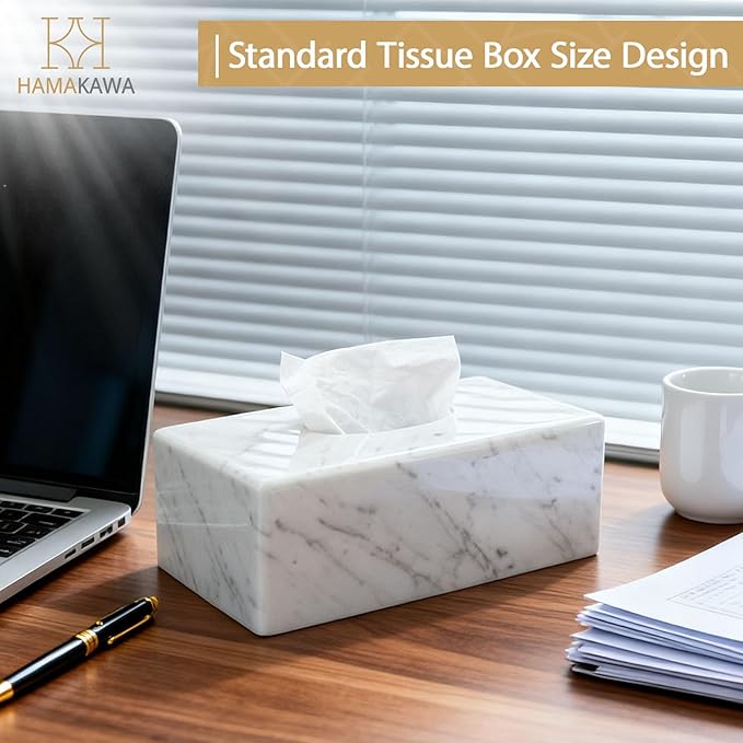 Natural Marble Tissue Box Cover, Carrara White Tissue Organizer 10 x 5.7 x 3.5 inch, Heavy Stone Decorative Box, Rectangle Tissue Box Holder for Home Decor, Kitchen, Bathroom, Bedroom