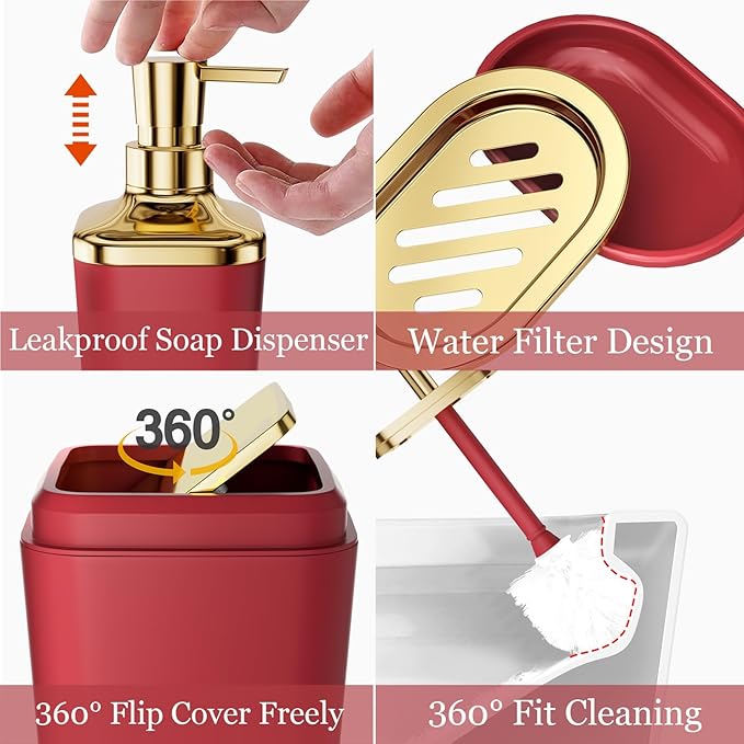 Bathroom Set – Burgundy Bathroom Accessories with Ombre Shower Curtain, Bathroom Accessories Set with Trash Can Soap Dispenser Soap Dish for Home