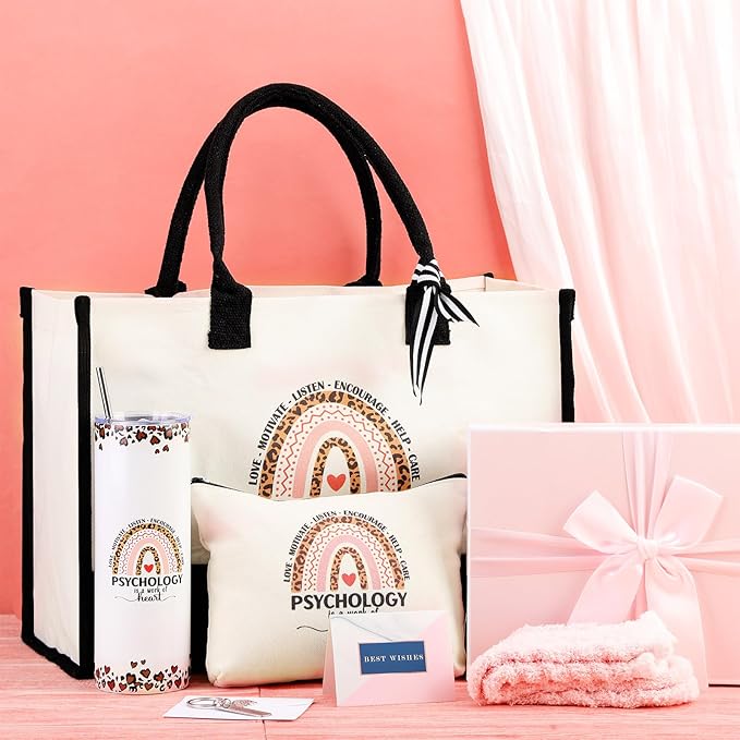 Geiserailie 8 Pcs Christmas Psychology Gifts for Women Including Large Tote Bag Cosmetic Bags Tumbler Cup Plush Socks Metal Keychain Card and Envelope for Christmas School Psychologist Thank You Gifts