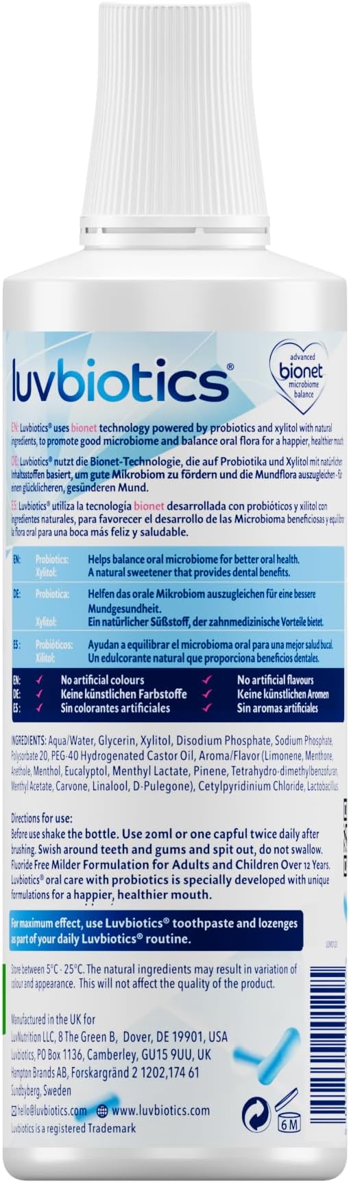 Luv Biotics Alcohol & Fluoride Free Mouthwash with Oral Probiotics, Xylitol for Fresh Breath, Gum Health & Oral Microbiome Support-500m
