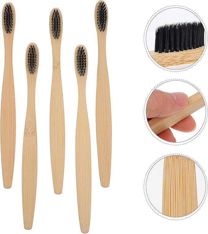 Charcoal Toothbrushes 10pcs Disposable Soft Nylon Bristle Manual Toothbrushes with Natural Handle Eco-Friendly Oral Care for Adults