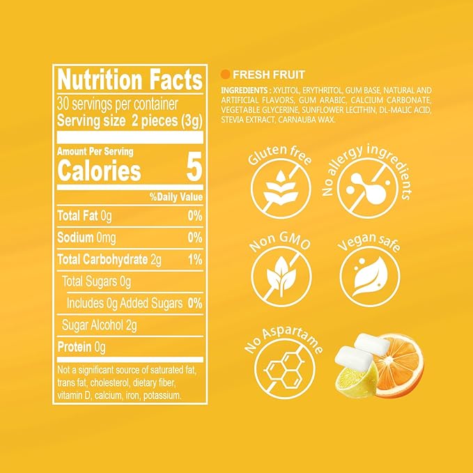 DC24 DAILY CARE Gum, Aspartame Free & Sugar Free, Xylitol Chewing Gum with Erythritol, Low-Calorie, Sugarless, Fresh Fruit Flavored Gum, 50 Pieces (Pack of 3)