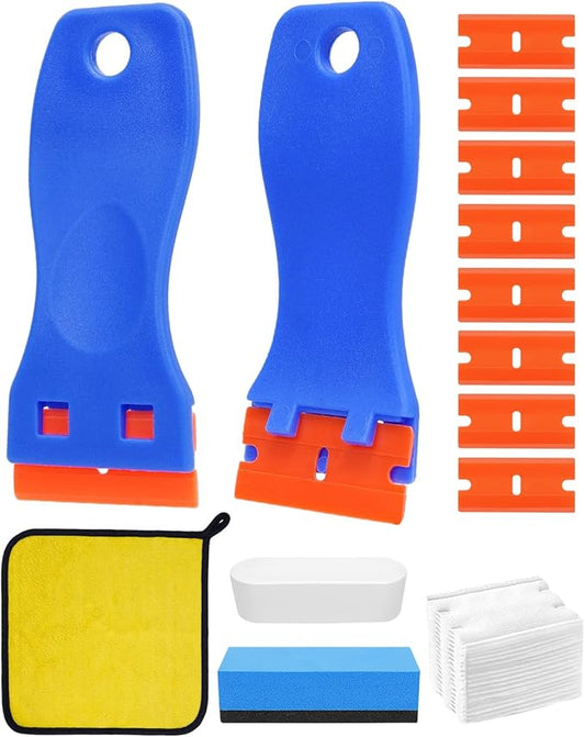 32Pcs Plastic Razor Blades Scraper Tool, Adhesive Remover for Cars Kit for Automotive Car Sticker, with Plastic Scrapers, Razor Blade Scraper, Coral Wipes, Sanding Sponges and Cosmetic Sponges