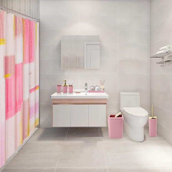 Pink and Gold Bathroom Accessories Set, Bathroom Sets with Shower Curtain, Pink Bathroom Accessories with Trash Can, Soap Dispenser, Soap Dish, Toilet Brush Holder, Qtip Holders for Bathroom