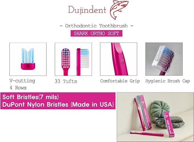 Orthodontic Toothbrush for Braces [6 Packs] V Trim Cutting American Bristles Braces Toothbrush for Brackets and Wires Cleaning (Shark Ortho Soft, 6 Pack)
