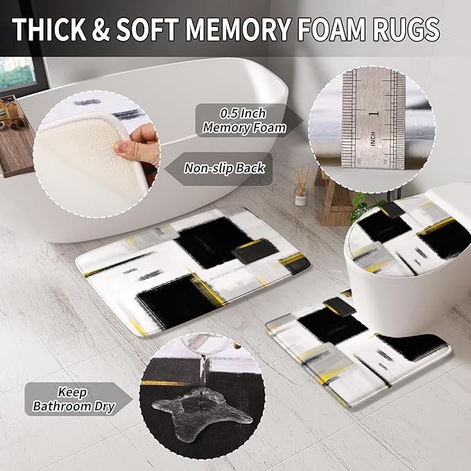 Bathroom Accessories Set - 25PC Bathroom Set with Shower Curtain and Rugs, Black Bathroom Set, Bathroom Accessory Set with Press-on Lid Trash Can, Soap Dispenser and Qtip Holders