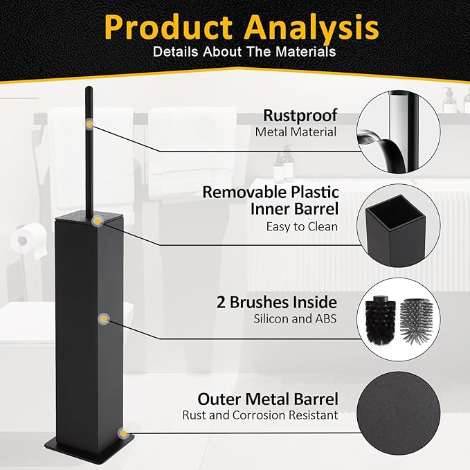 Toilet Brush and Holder Floor Standing, Black with 2 Replaceable Heads, Bathroom Toilet Brush, Freestanding Toilet Bowl Brush with Removable Liner and Splash Guard, Modern Square Design